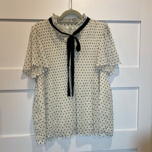 Max Studio Crème Swiss Polka Dot Tie-Neck Blouse with Black Trim Size XL NWT